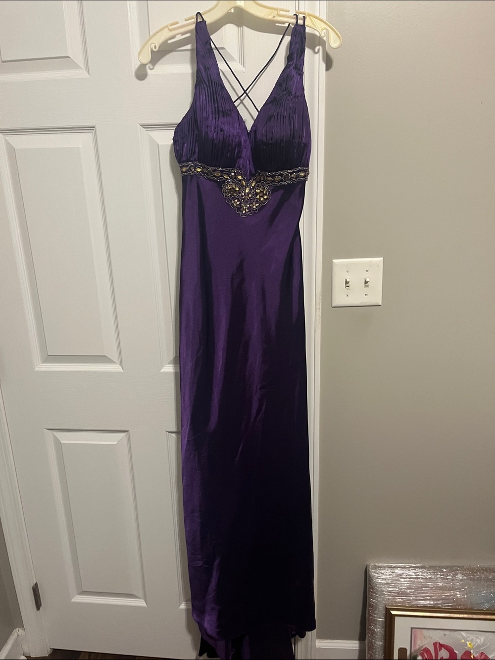 Purple Strappy Backless Beaded Prom Dress